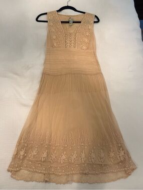 Odille Beige Sleeveless Embroidered Midi Dress